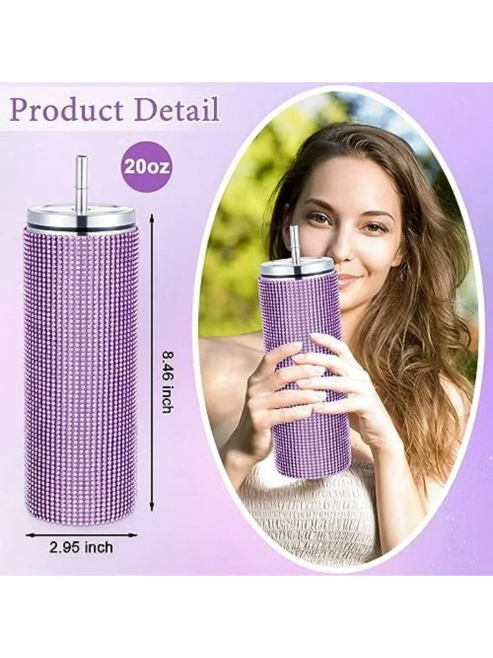 3 Pcs Purple Rhinestone Insulated Stainless Steel Tumbler Set - Stylish